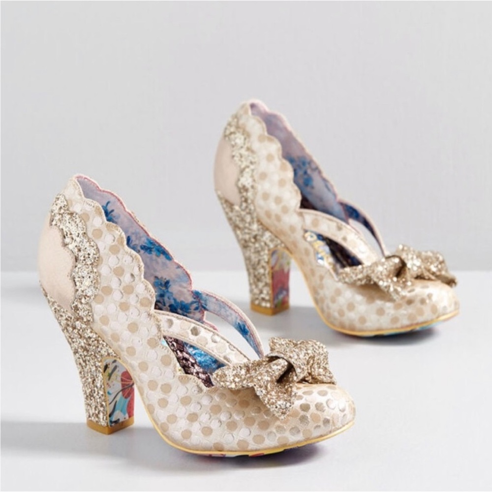 Irregular Choice Curtain Call gold heel size 9